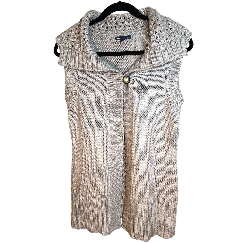 Gap Women’s Tan Crochet Knit Sleeveless Sweater Vest One Button Collared, Sz Med